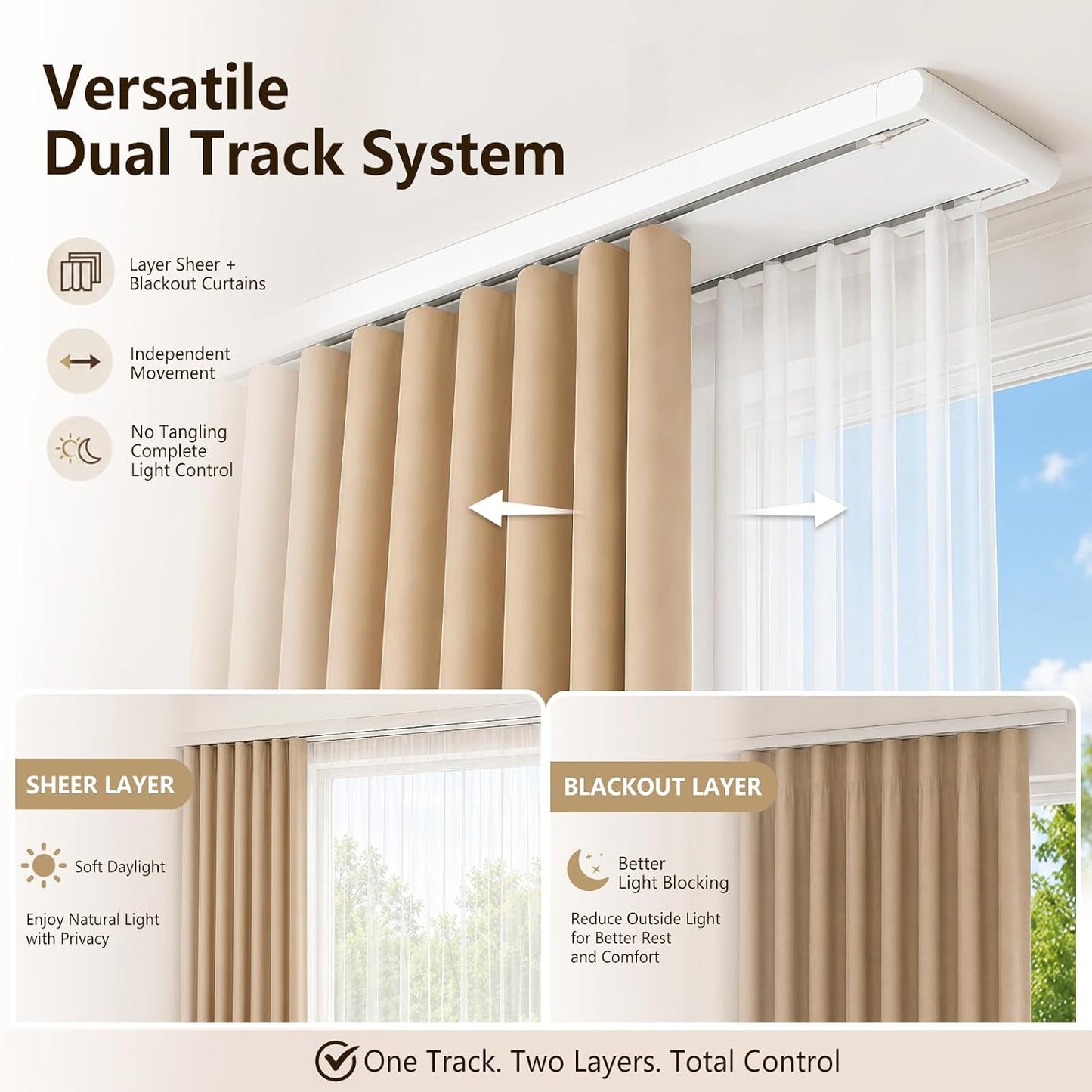 Double Curtain Track Ceiling Mount - Heavy Duty Curtain Track Rail System | Hidden Sliding Design, Easy to Install and Clean for Hotel, Hospital, Bedroom & Living Room, White, 9FT - 12FT