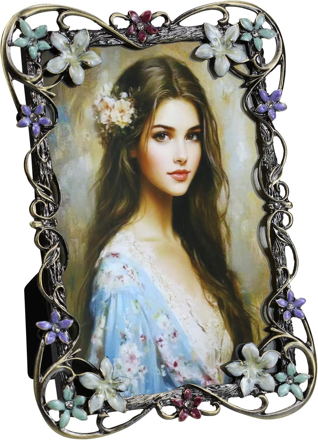 Vintage Photo Frame 4x6, Metal photo frame with European Floral Ornate Enamel Flower & Bronze Metal Design with HD Glass for Wedding Valentine's/Mother's Day Gifts