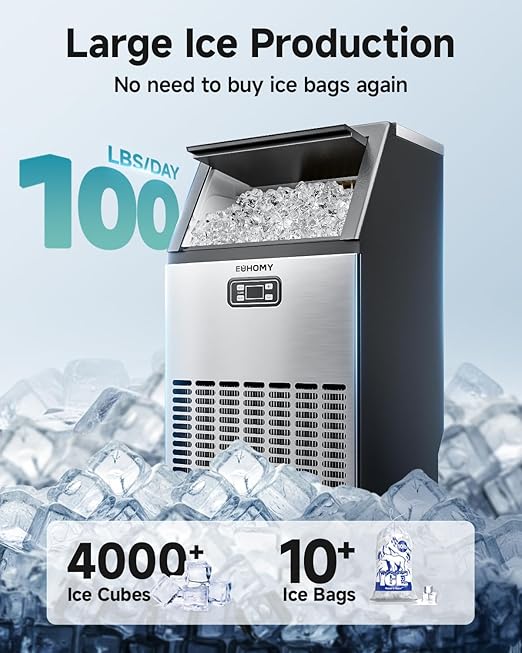 EUHOMY Commercial Ice Maker Machine, 100lbs/24H Stainless Steel Under Counter - Image 2