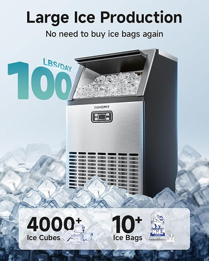 EUHOMY Commercial Ice Maker Machine, 100lbs/24H Stainless Steel Under Counter - Image 2
