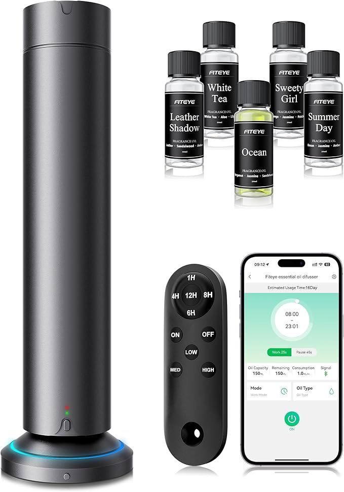 Waterless Scent Diffuser Kit Include 5x20ml Essential Oils, Essential Oil by Fiteye