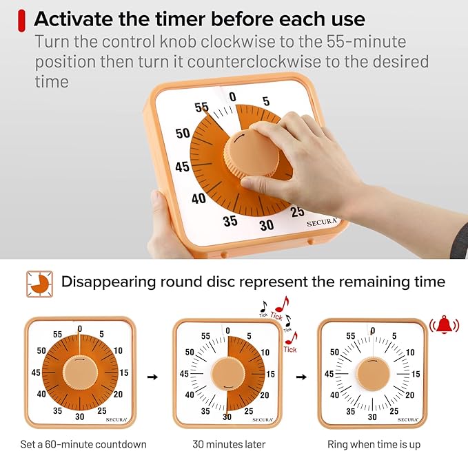 Secura 7.5 Inch Visual Timer, 60 Minute Oversize Countdown Visual Timer - Image 3
