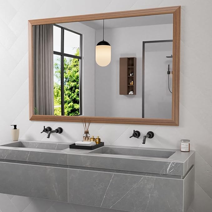 Amorho Bathroom Mirror for Wall, 60X40 Inch Walnut Wood Grain Metal Framed by Amorho