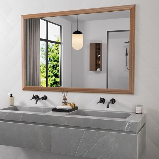 Amorho Bathroom Mirror for Wall, 60X40 Inch Walnut Wood Grain Metal Framed by Amorho