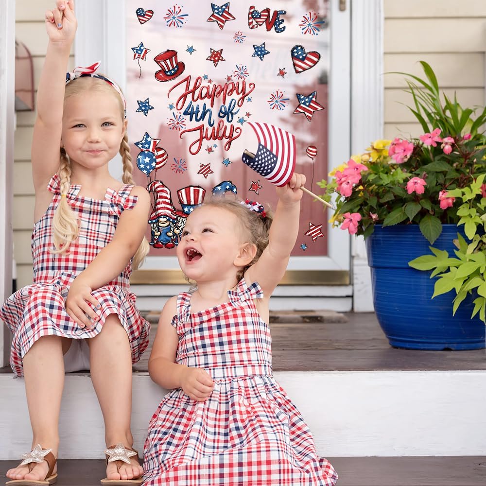DIYDEC 6 Sheets Patriotic Window Clings Happy 4th of July Window Stickers Gnome Truck American Flags Stars Firework Decals Double-Sided for Independence Day Home Party Decoration
