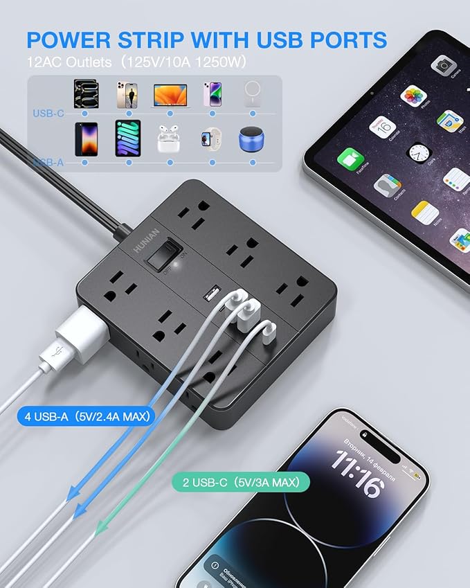Flat Plug Power Strip Surge Protector, HUNIAN 5 Ft Extension Cord - Image 4
