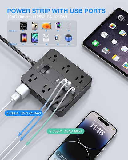 Flat Plug Power Strip Surge Protector, HUNIAN 5 Ft Extension Cord - Image 4