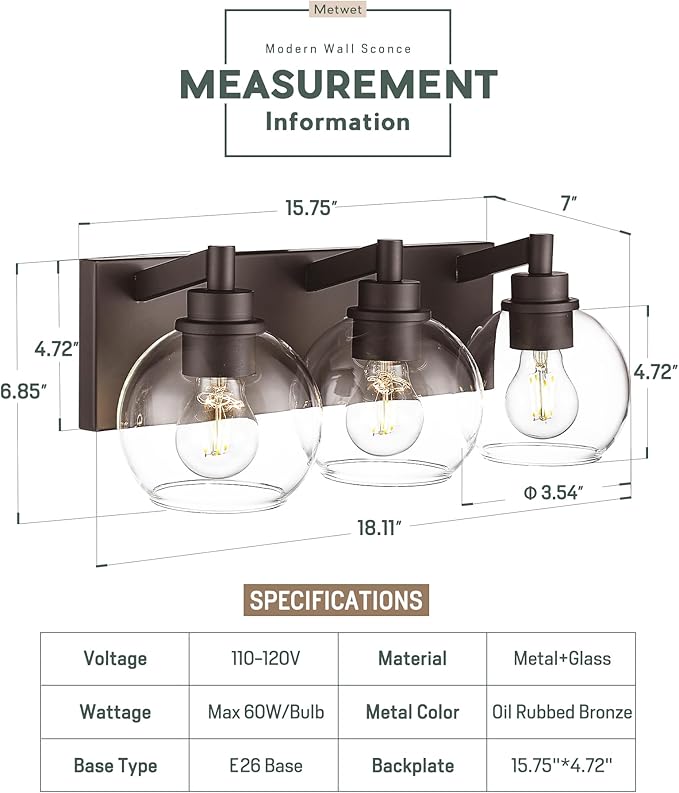 METWET Bathroom Light Fixtures Over Mirror, 3-Light Oil Rubbed Bronze Vanity - Image 2