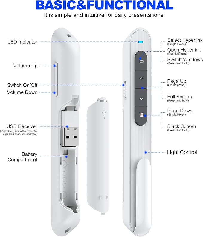 DinoFire White USB C Presentation Clicker Wireless Presenter Remote - Image 7