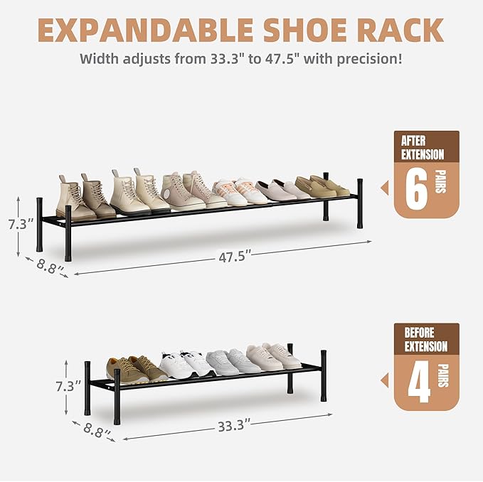 STORAGE MANIAC Long Expandable Shoe Rack, 6 Pairs Metal Wide Stackable Shoe Rack - Image 2