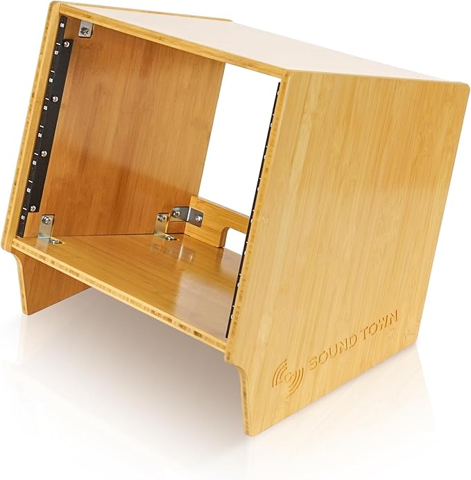 Sound Town DIY 8U Angled Desktop Turret Studio Rack, Solid Carbonized Bamboo - Image 3