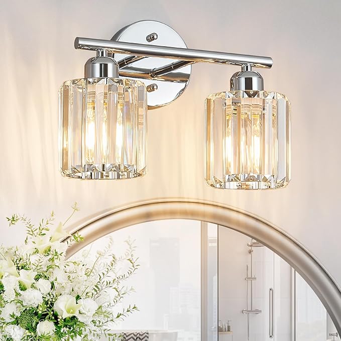 FDPBY Modern 2 Light Crystal Vanity Light, Chrome Vertical Bathroom Light by FDPBY