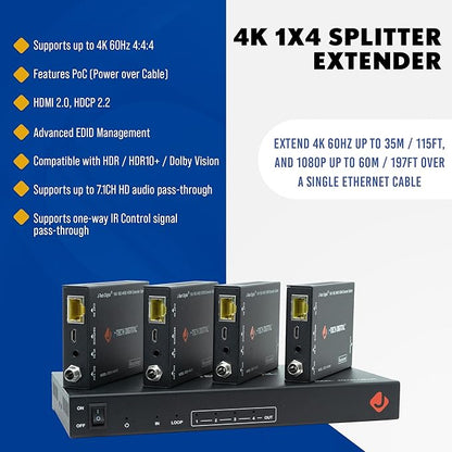 J-Tech Digital HDMI 2.0 4K 1x4 Splitter Extender Over Single Cable CAT6 - Image 2
