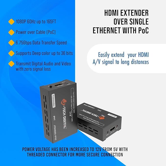 J-Tech Digital HDMI Extender 1080P 60Hz Over Single CAT 5e/6/7 PoC up to 165ft - Image 8