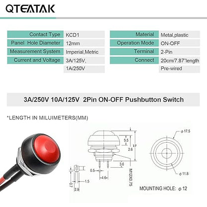 QTEATAK 1/2" Pre-Wired Mounting Hole On/Off Red Mini Round Waterproof Momentary - Image 5