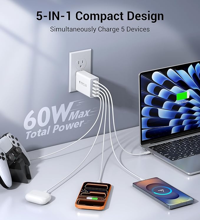 60W Fast Charger Block, 5-Port Dual 30W PD Charging Adapter+QC 3.0 Wall Plug - Image 4