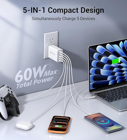 60W Fast Charger Block, 5-Port Dual 30W PD Charging Adapter+QC 3.0 Wall Plug - Image 4