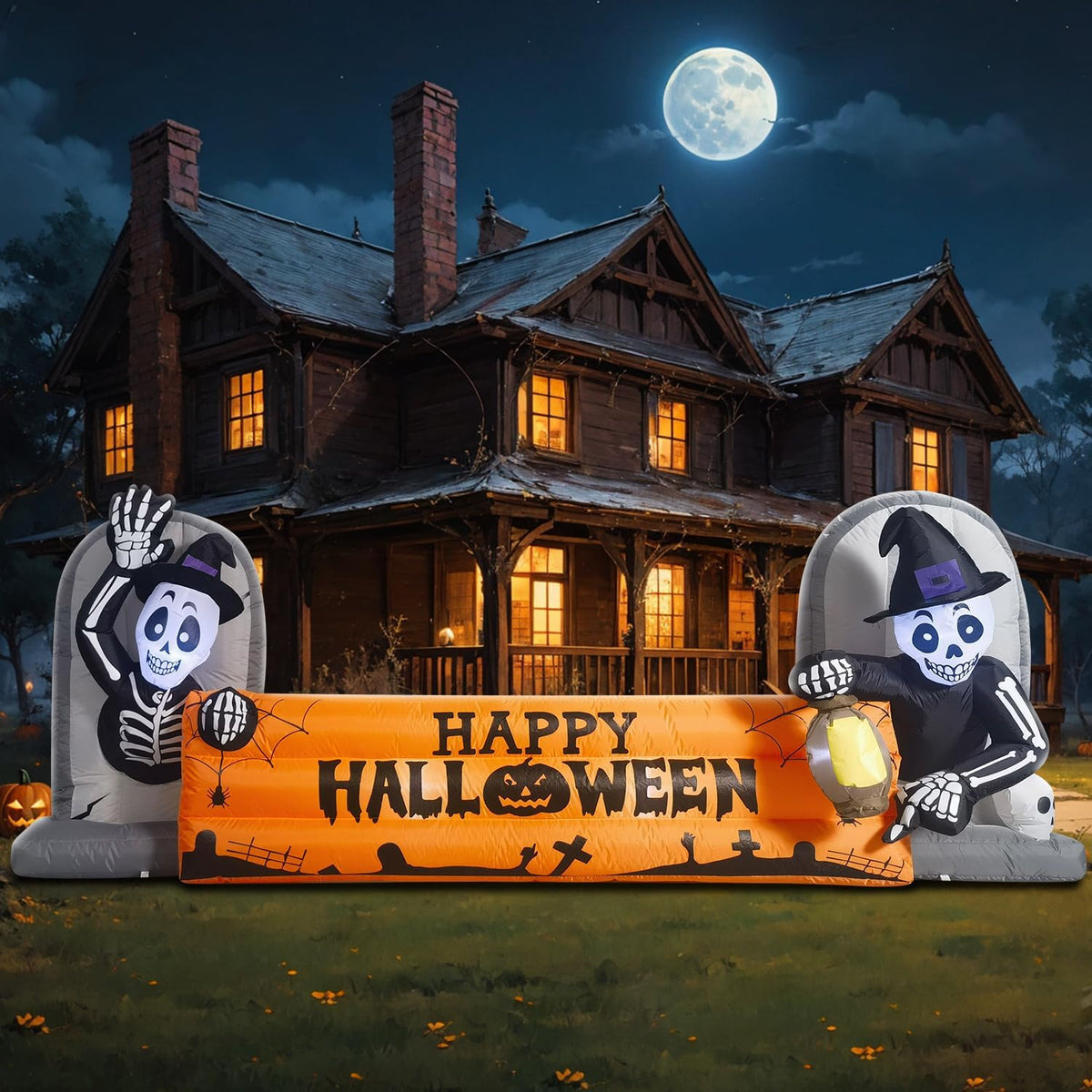 10FT Large Halloween Inflatable Decorations Skeleton Tombstone Banner, Build-...