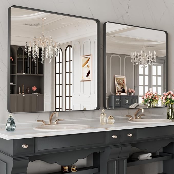 LOAAO 40X38 Inch Black Metal Framed Bathroom Mirror - Image 4