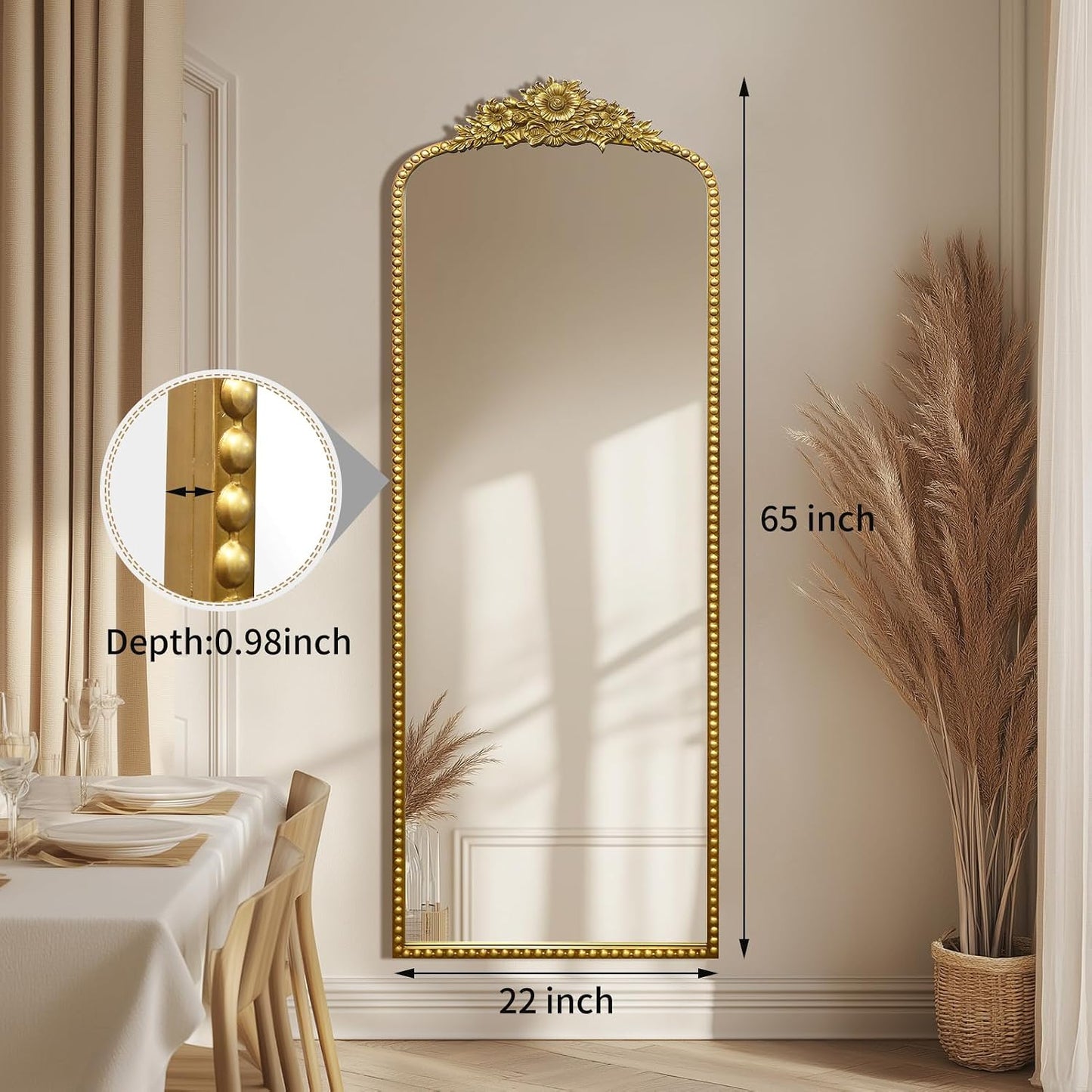Full Length Mirror, 22x65 Baroque Style Vintage Mirror, Antique Metal Frame Wall Mirror, Traditional Art Home Decor for Living Room, Bedroom, Entryway,Retro Gold