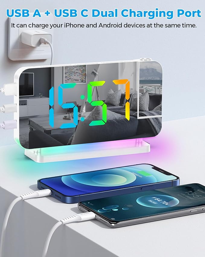 SZELAM Projection Alarm Clock, 7.4" LED Mirror Digital Clocks Large Display - Image 6