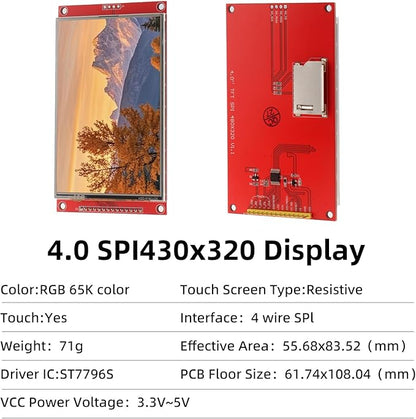 MELIFE 4.0" TFT Touch Screen, 480x320 LCD Display Module SPI ST7796S Driver - Image 2