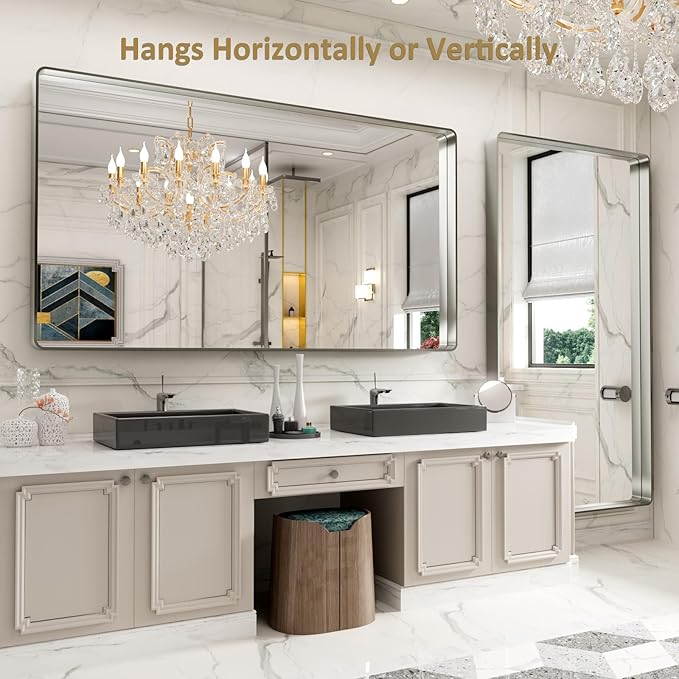 LOAAO 72X40 Inch Brushed Nickel Bathroom Mirror, Rounded Rectangle Silver Metal - Image 4