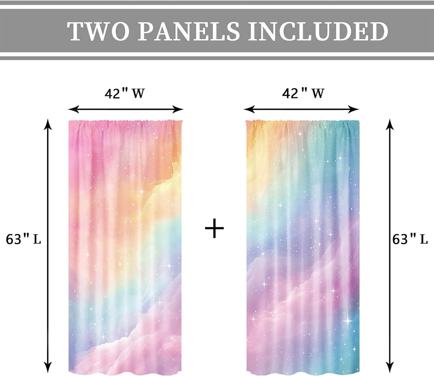 Colorful Rainbow Cute Kids Girls Girly Living Room Bedroom Window Curtains | 42"W x 63"L Galaxy Sky; fade-proof print, 2 panels, rod pocket, easy to install and washable.