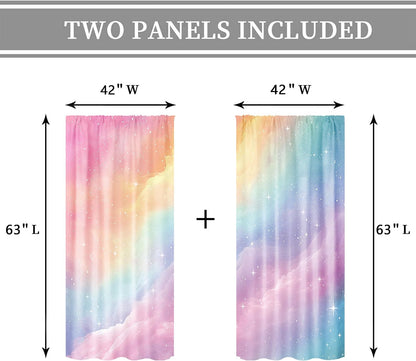 Colorful Rainbow Cute Kids Girls Girly Living Room Bedroom Window Curtains | 42"W x 63"L Galaxy Sky; fade-proof print, 2 panels, rod pocket, easy to install and washable.