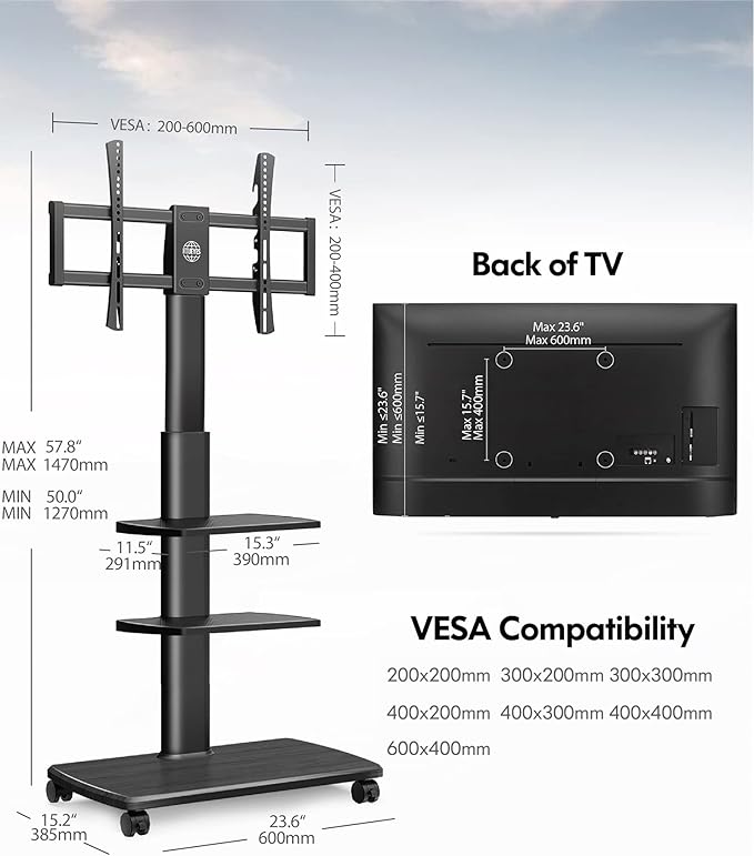 FITUEYES Swivel Rolling TV Stand, Height Adjustable Mobile TV Cart - Image 6