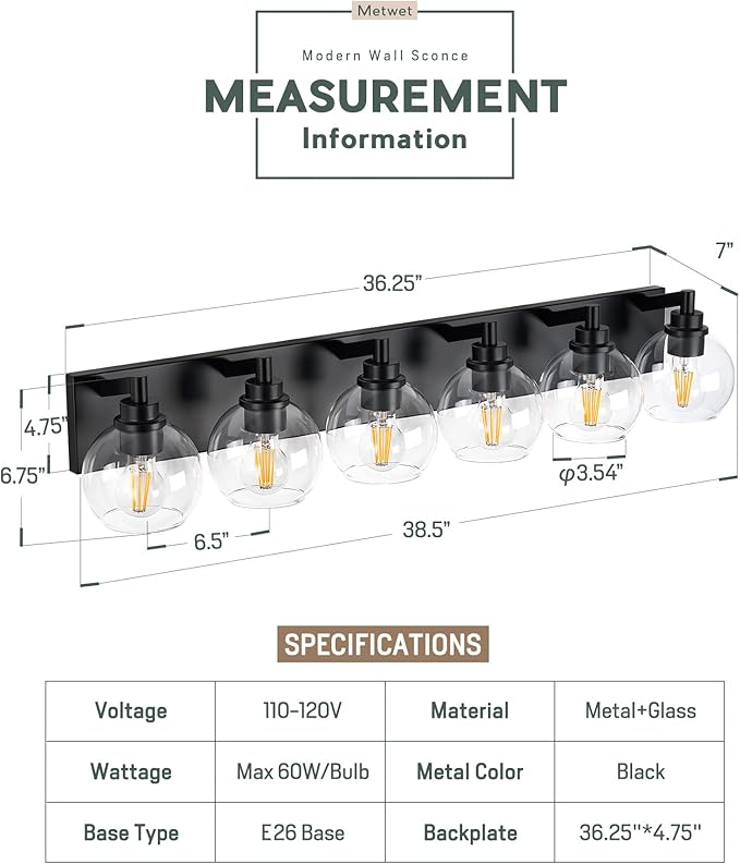 METWET Bathroom Light Fixtures, 6 Light Matte Black Vanity Light, 38 Inch - Image 2