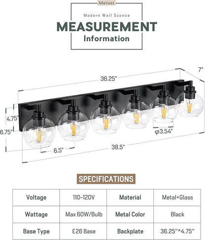 METWET Bathroom Light Fixtures, 6 Light Matte Black Vanity Light, 38 Inch - Image 2