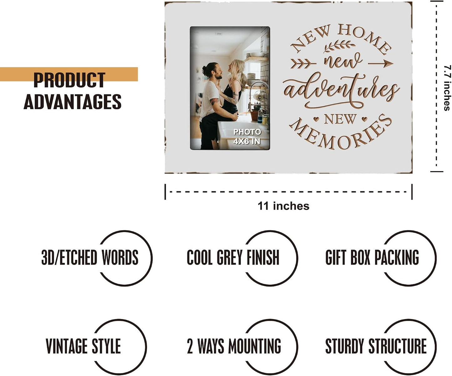 Yudarte Housewarming Gifts For New Home - Engraved White Rustic Picture Frame 4x6 Inches Photo - Unique First Time House Owner Gifts for Men and Women