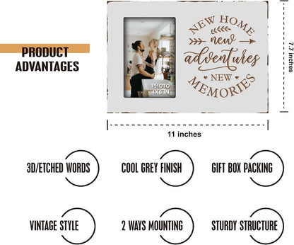 Yudarte Housewarming Gifts For New Home - Engraved White Rustic Picture Frame 4x6 Inches Photo - Unique First Time House Owner Gifts for Men and Women