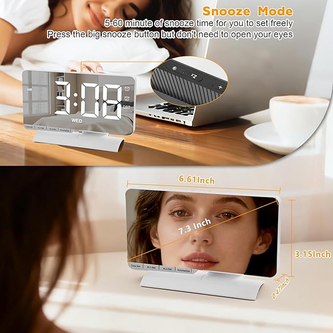 SZELAM Digital Clock, Alarm Clock Bedside, 7.3'' Large LED Mirror - Image 6