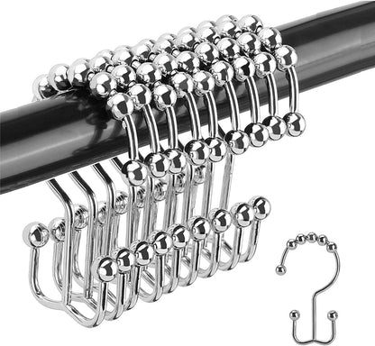 Shower Curtain Hooks Rings, Stainless Stee Double Glide Rollers Extra Wide Shower Curtain Rods Hooks for Bathroom, Set of 18 Hooks - Chrome