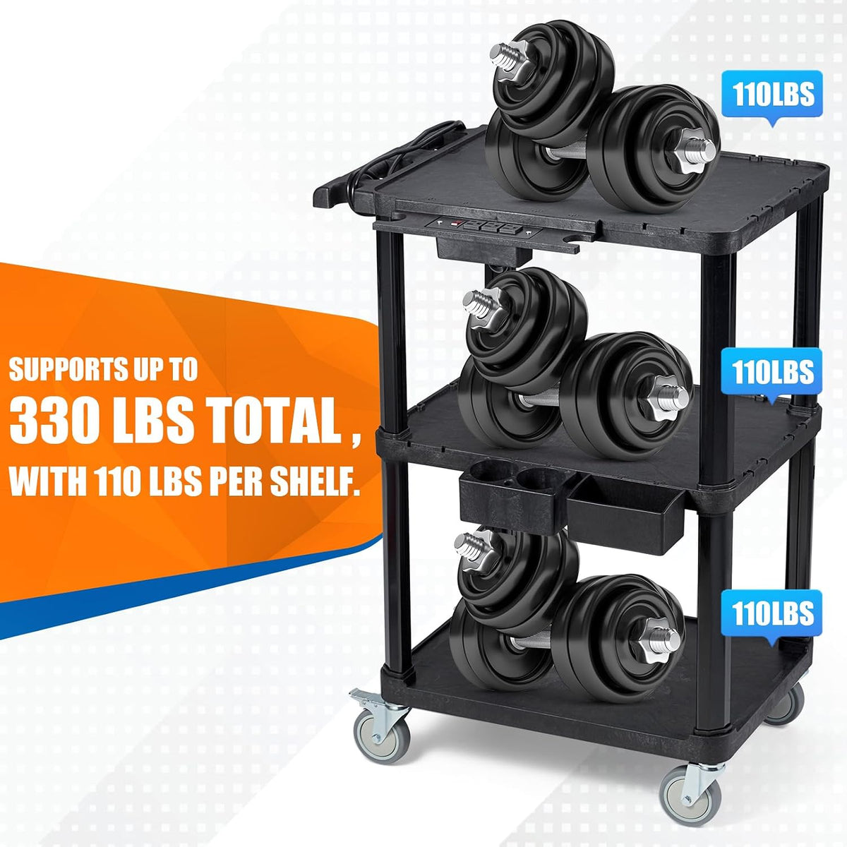 ELAFROS 3-Tier Heavy Duty AV Cart with Power Strip, 27.5 x 18.25 in