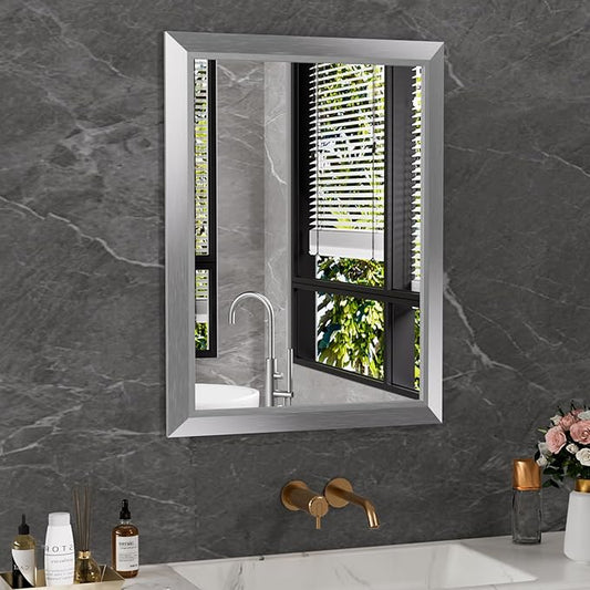 Amorho 24x32 Inch Bathroom Mirror Silver, Thick Metal Framed Wall Mirrors by Amorho