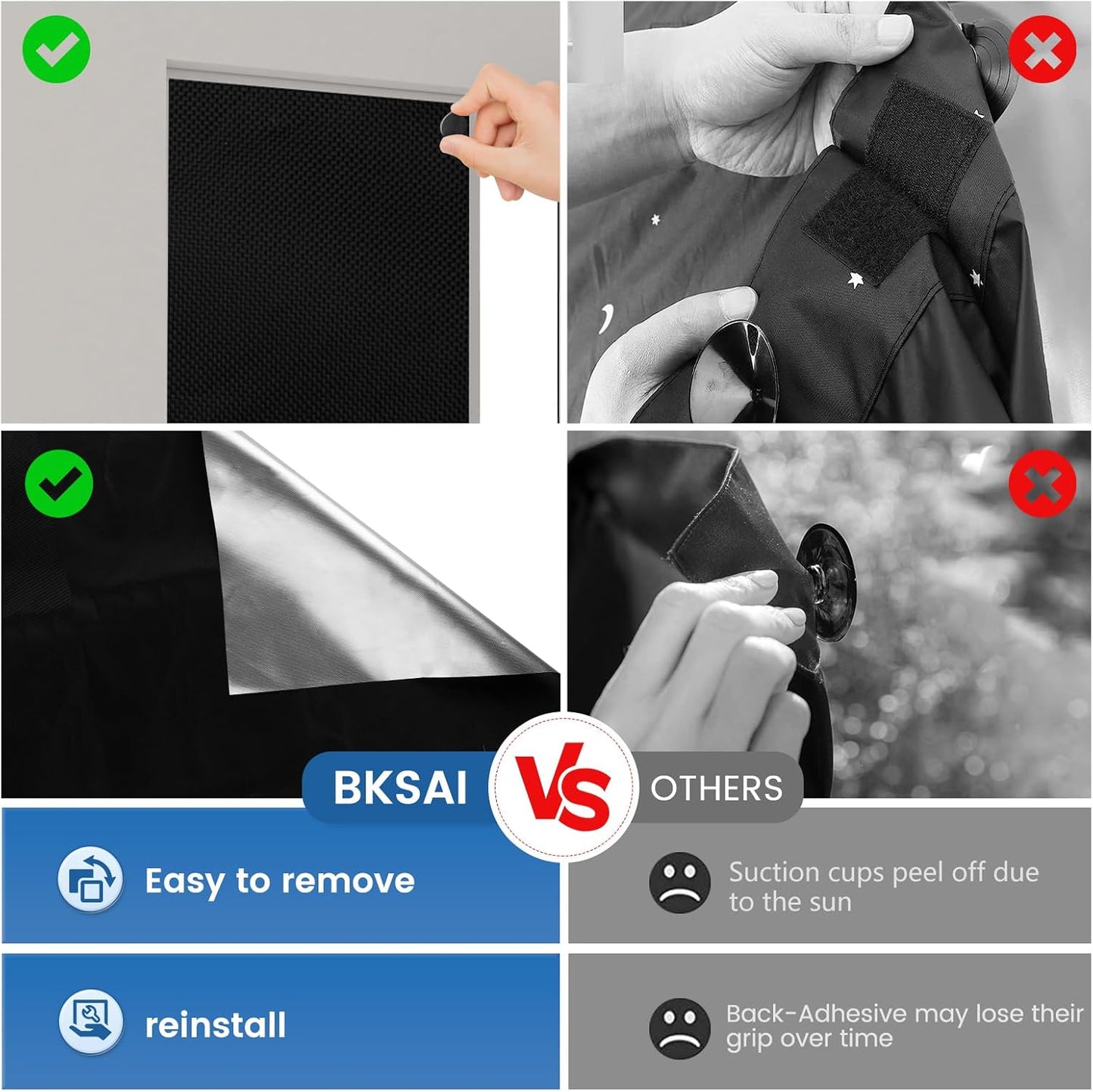 BKSAI 100% Blackout Curtains for Bedroom, Magnetic Portable Blackout Shades for Travel, Black Out Window Cover No Drill Cuttable for Bedroom, Nursery, Media Room, RV, 39x57 inch