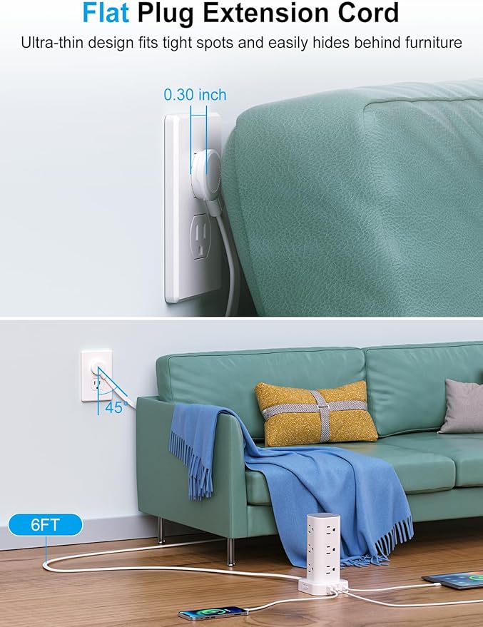 Power Strip Tower with Wireless Charger, Flat Plug Surge Protector Tower with - Image 3
