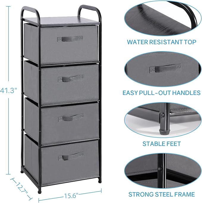 MAX Houser 4 Drawer Fabric Dresser Tall Storage Tower, Dresser Chest - Image 3