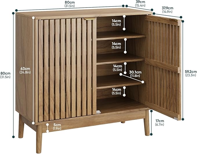 Shoe Storage Cabinet with Ventilated Slatted Doors, Wooden Shoe Organizer - Image 2