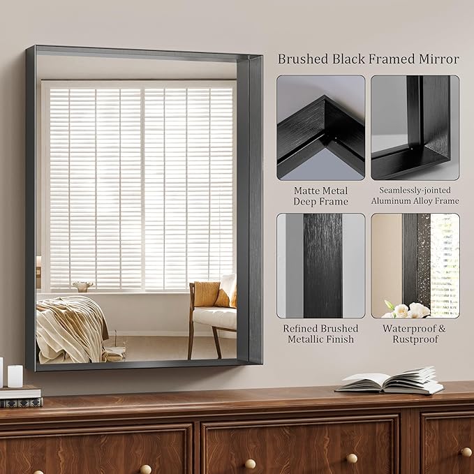 Koonmi 30x40 Inch Black Metal Framed Bathroom Mirror - Image 5