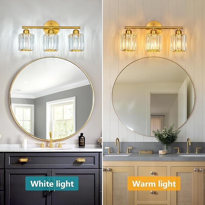 FDPBY Modern 3 Light Crystal Vanity Light, Brushed Gold Vertical Bathroom Light - Image 2
