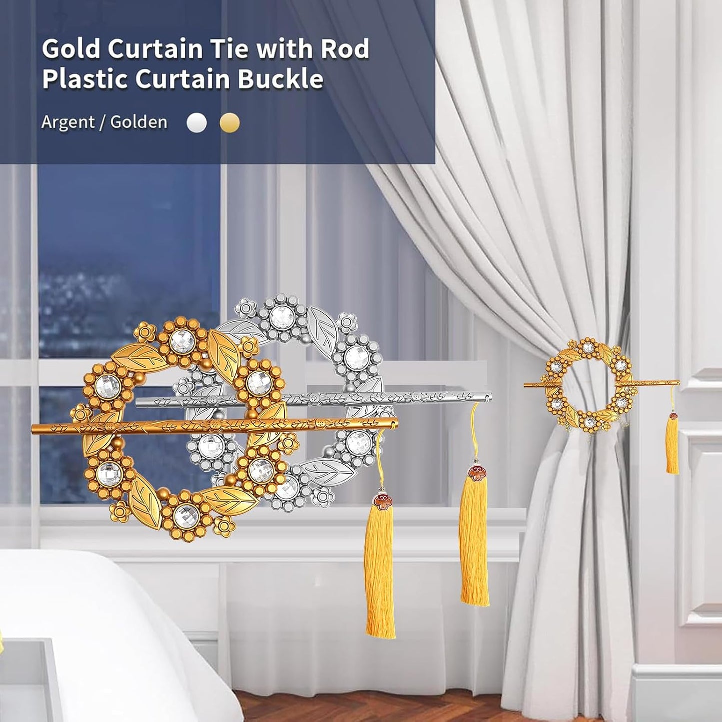 Decorative Curtain Holdback Set with Crystal Floral Design, 2 Pack Silver and Gold Tiebacks with Tassels, Elegant Wall-Mounted Drapery Holders (Golden)