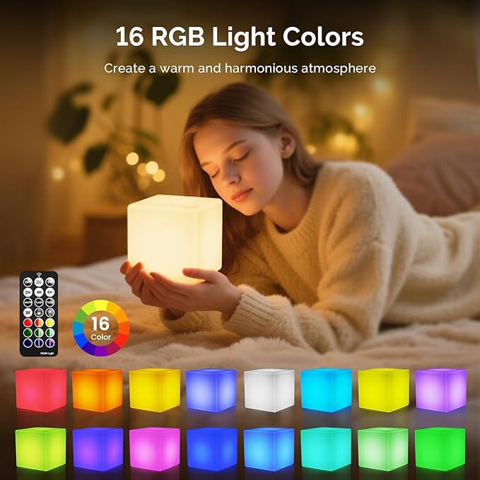LOFTEK 7-inch LED Cube Night Lights: Rechargeable RGB 16 Colors Changing Light - Image 3