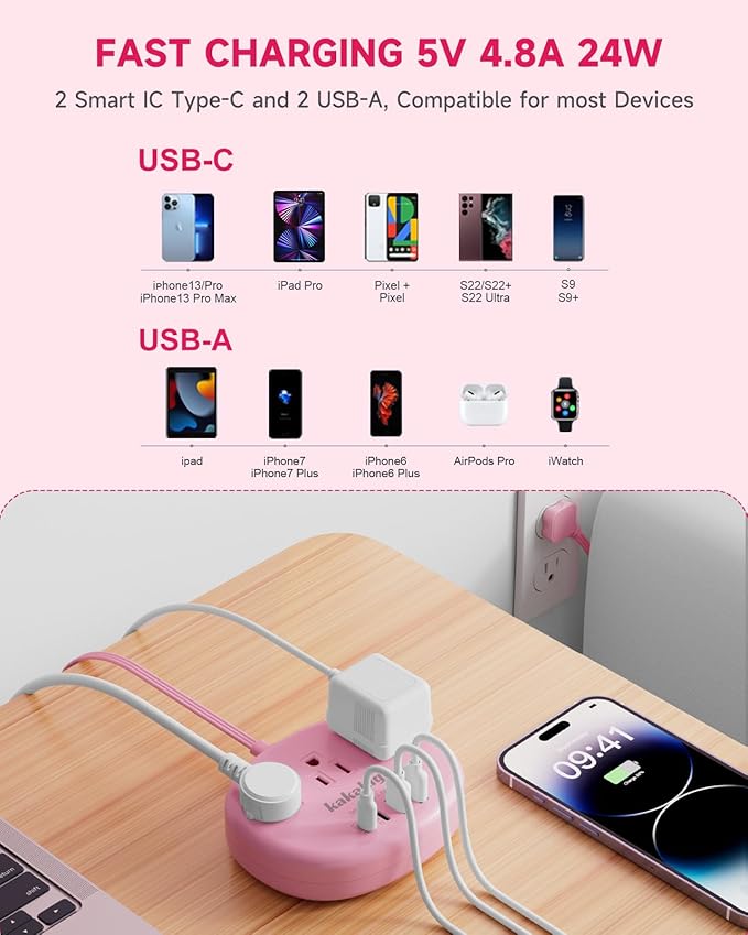 Pink Extension Cord - 10 FT Flat Extension Cord - Image 2