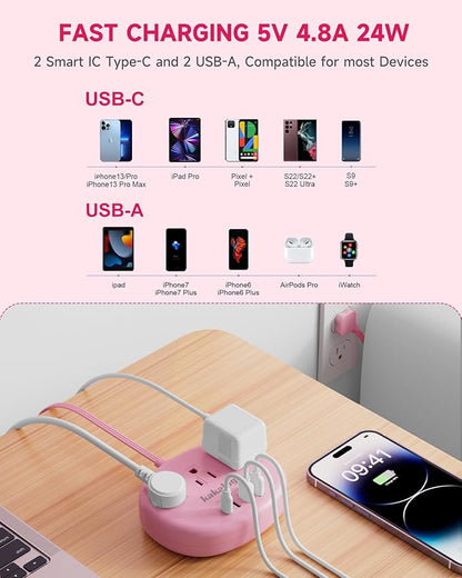Pink Extension Cord with Surge Protected 1080J - 5 FT Kawaii Power Strip - Image 3