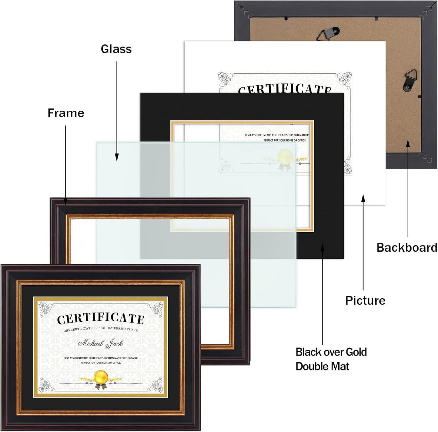 Frametory 6x8 Diploma Frame Black & Gold Mat/8x10 Without Mat Real Glass | Black Gold & Burgundy Color,Double Mat For 6x8, Pictures, Certificates ,Documents,Wall Display, Tabletop, Easel Stand