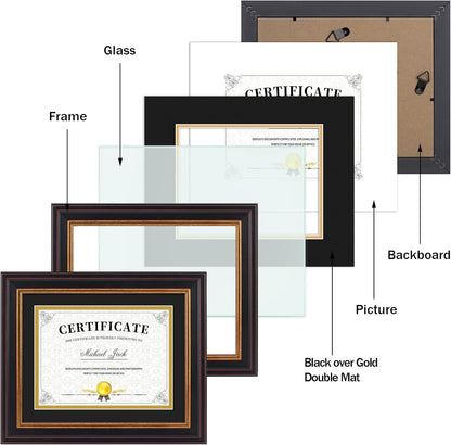 Frametory 6x8 Diploma Frame Black & Gold Mat/8x10 Without Mat Real Glass | Black Gold & Burgundy Color,Double Mat For 6x8, Pictures, Certificates ,Documents,Wall Display, Tabletop, Easel Stand